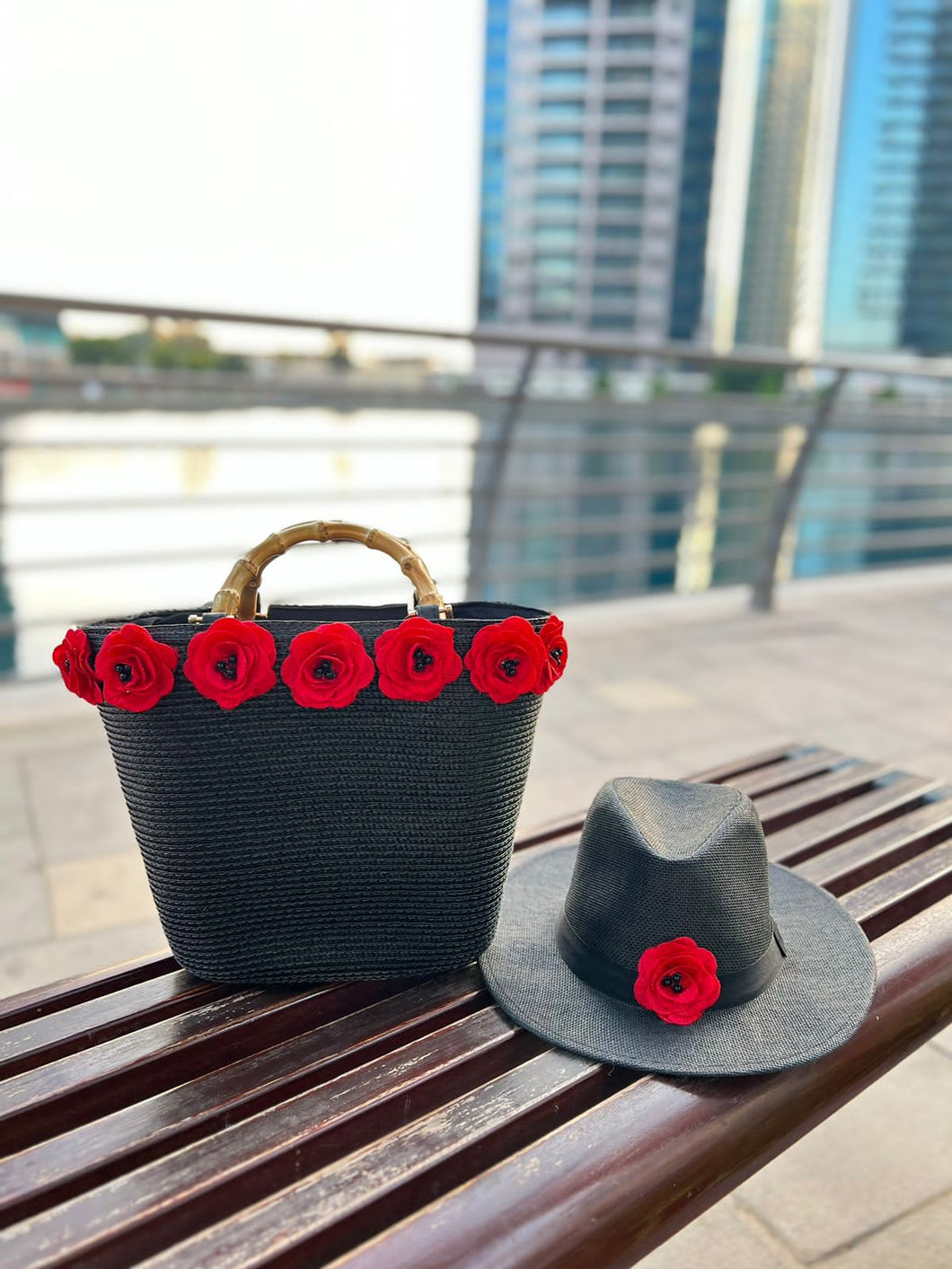 Bamboo Handle Black basket with red flowers and hat