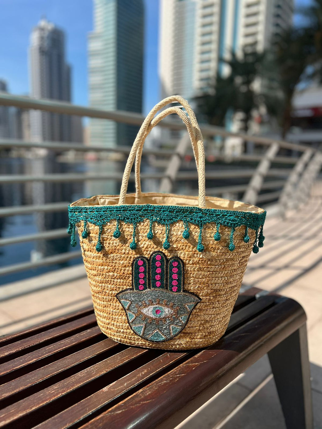 Straw Basket handmade hamsa design