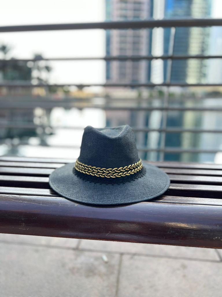 Black boho hat with gold ribbon