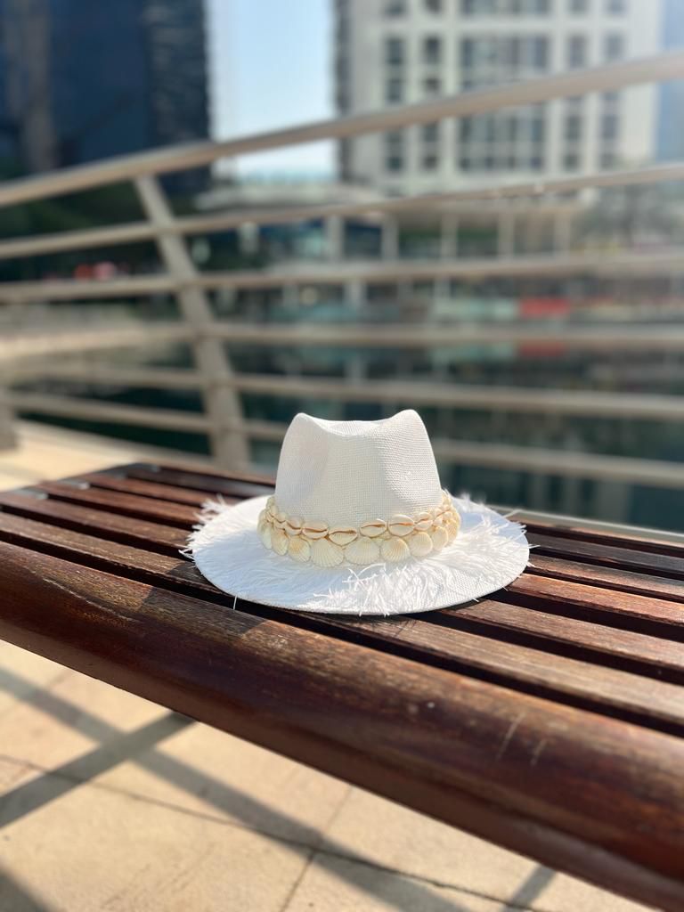 White Boho Hat with seashells design