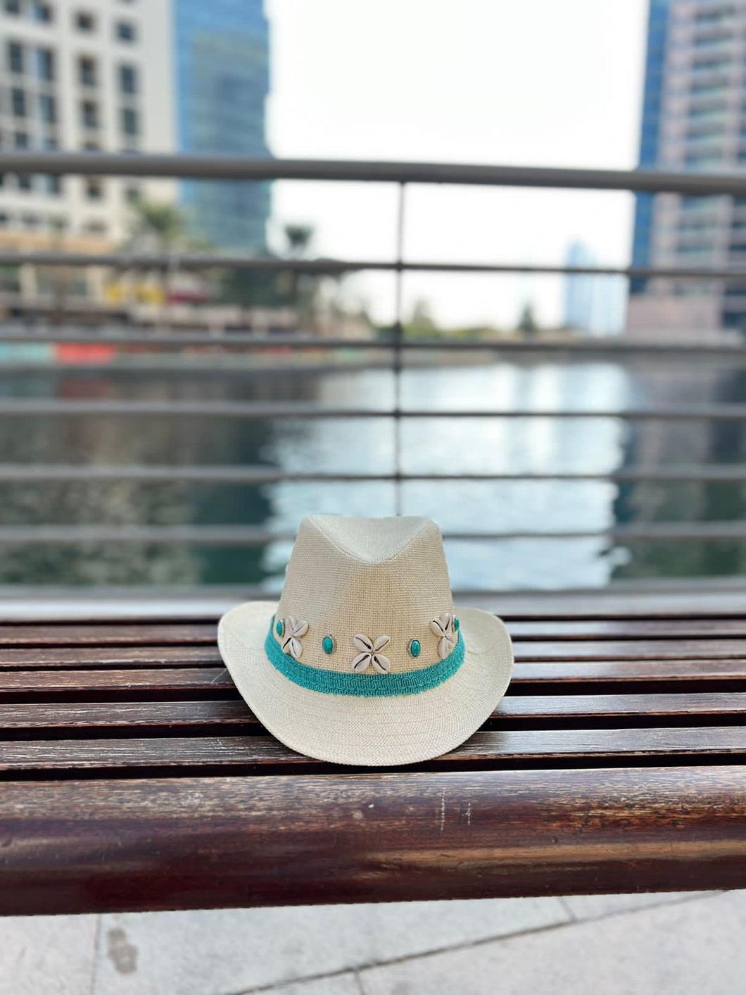 Cowboy Hat with shells and turqiouse ribbon