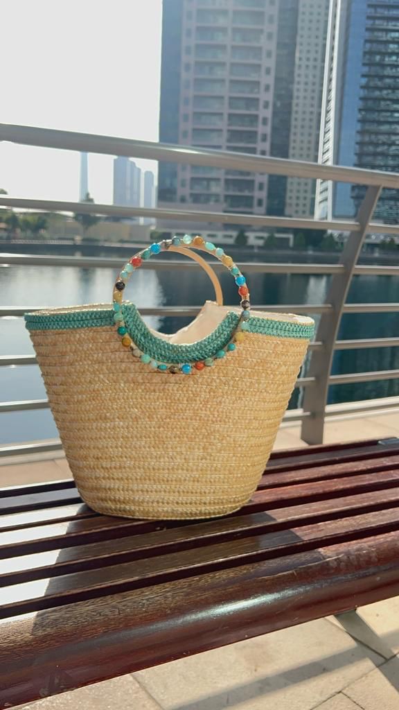 Wooden handle basket with assorted color stone beads