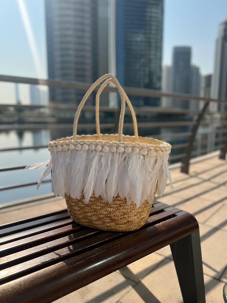Rope Basket with white feathers and seashells design