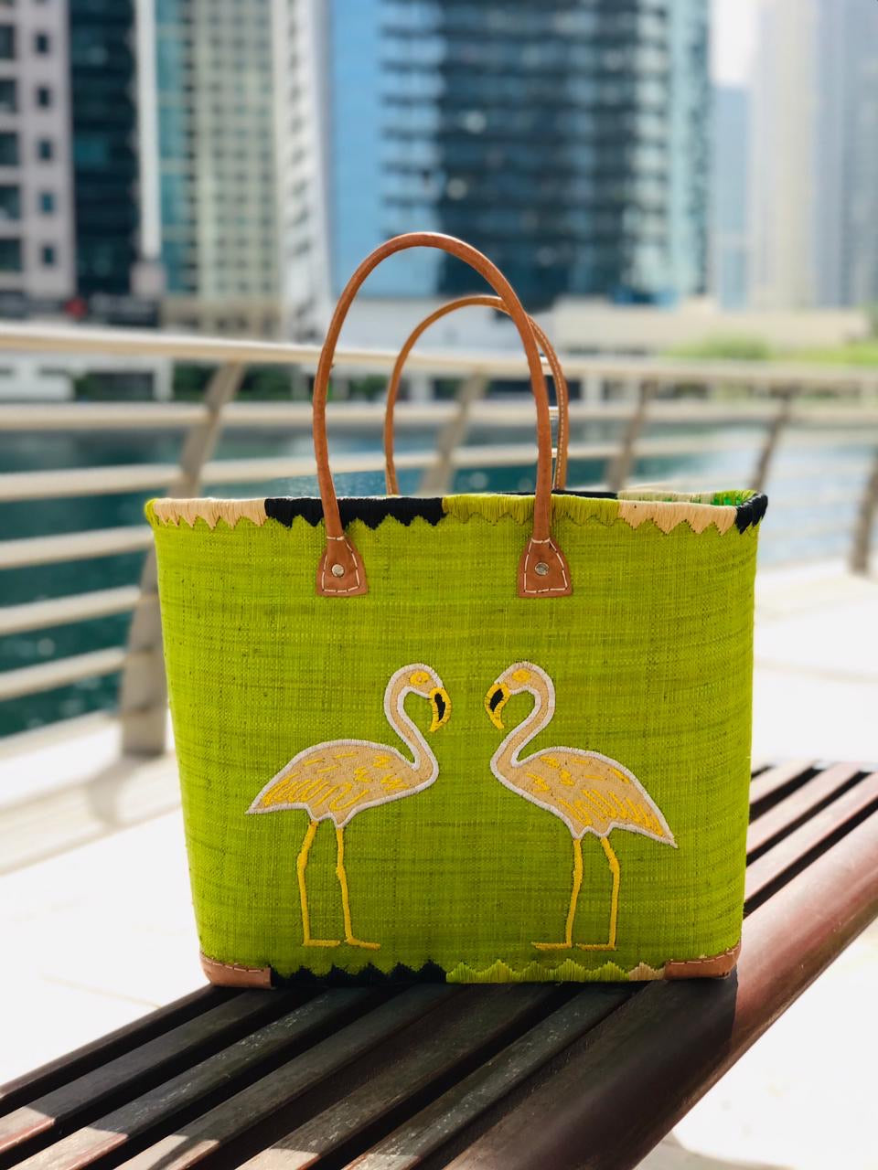 Green bag with Flamingoes
