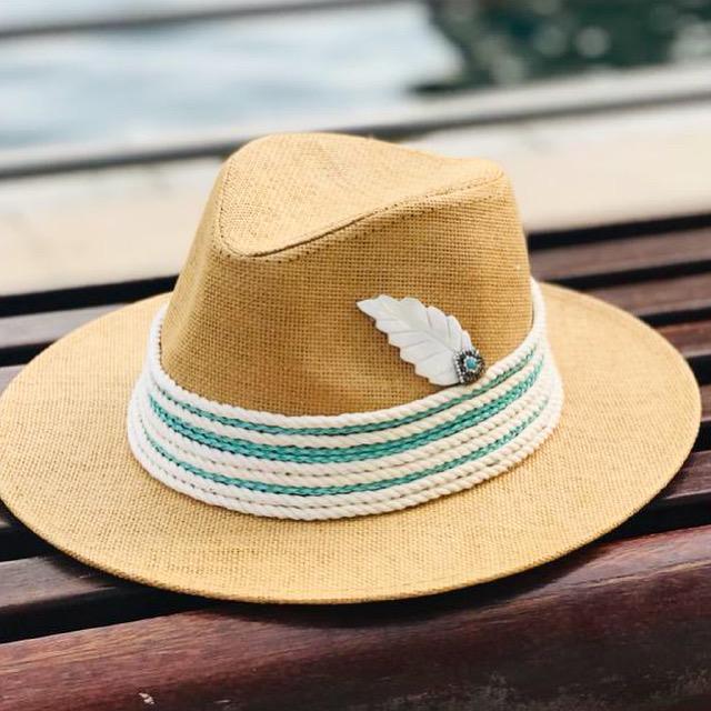 Boho hat with white & aquamarine cordon