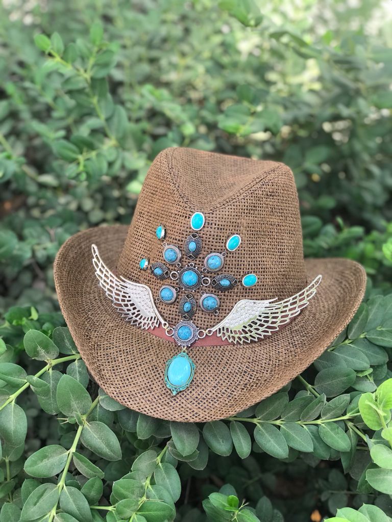 Cowboy Hat with aquamarine stones & angel wings
