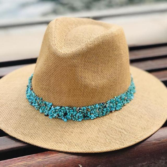 Boho hat with aquamarine stones