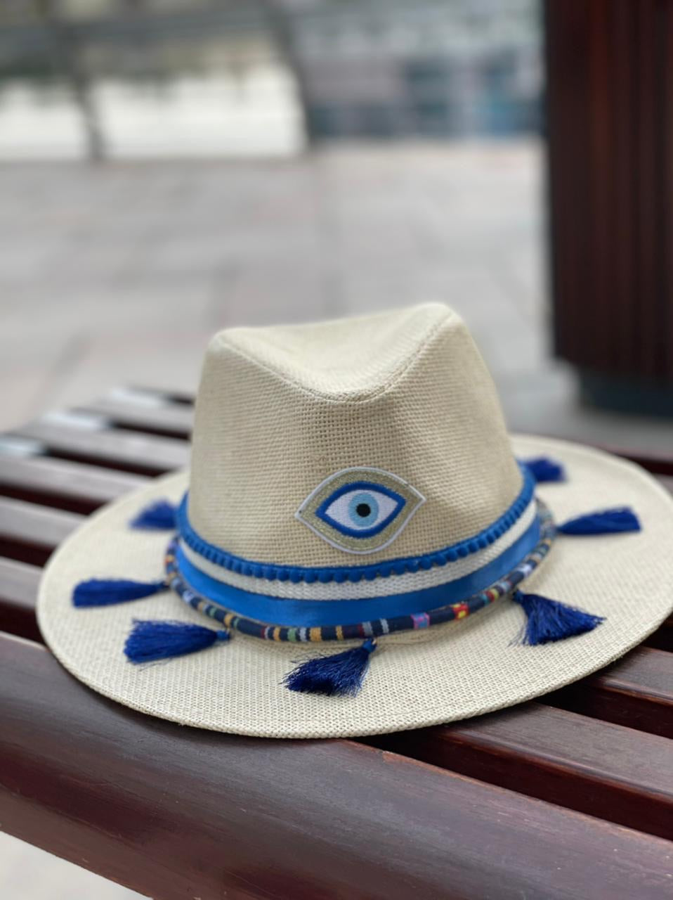 Boho Hat with royal blue tassels & Ribbon with Evil Eye