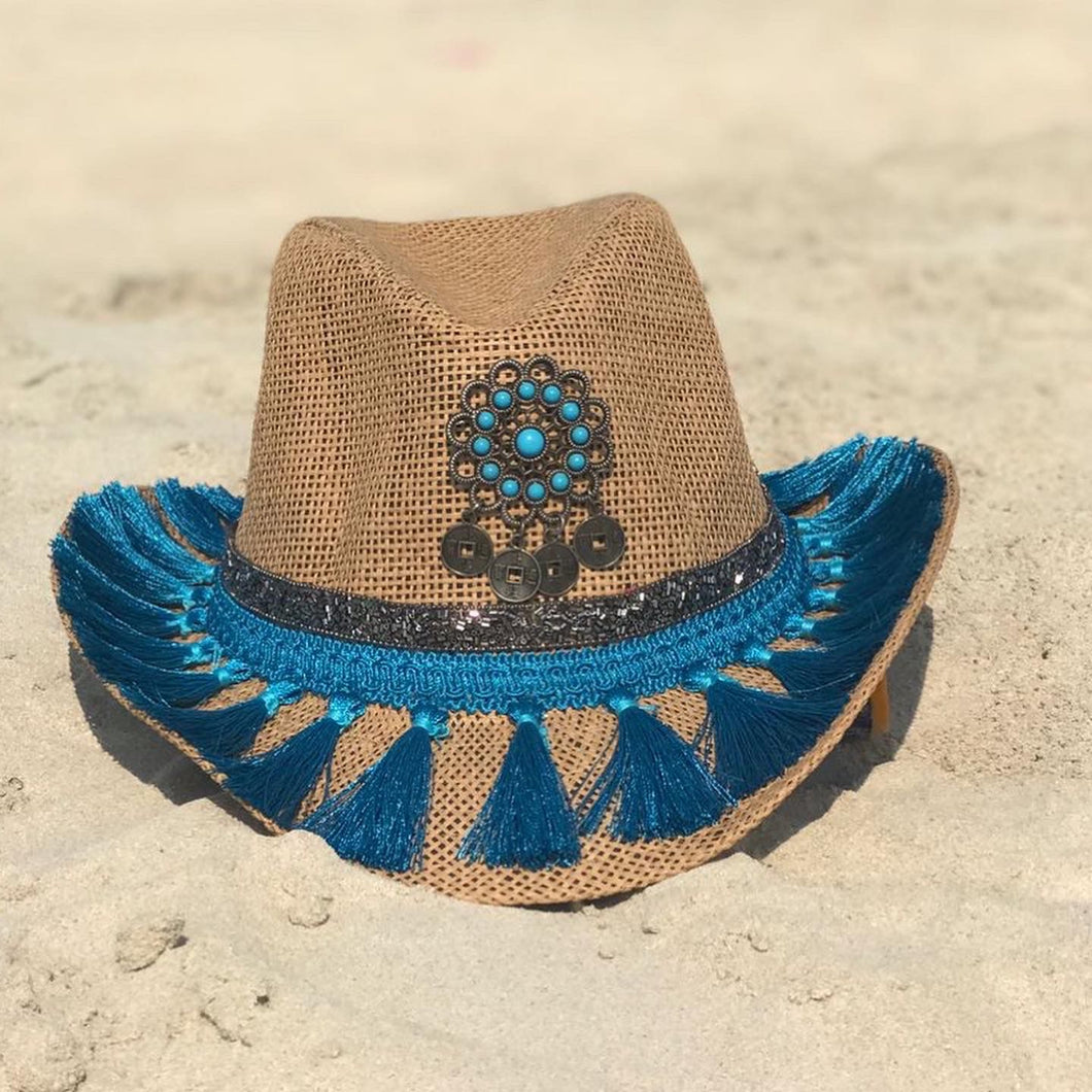 Cowboy hat with blue tassel