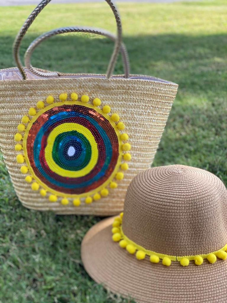 Basket with yellow pompom & round Sequince with matching hat
