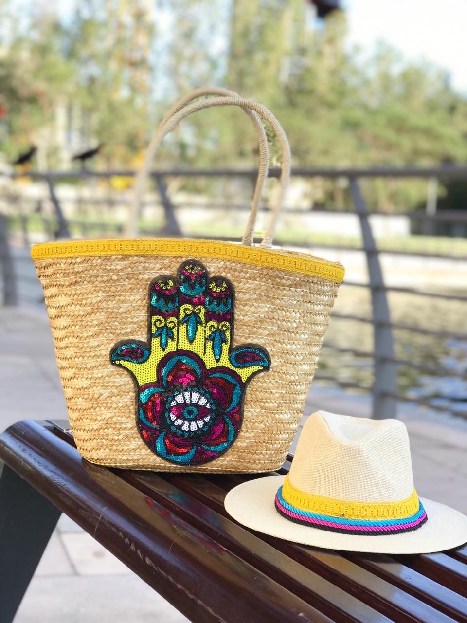 Colorful hamsa basket with matching hat