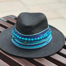 Load image into Gallery viewer, Boho black hat with blue beads

