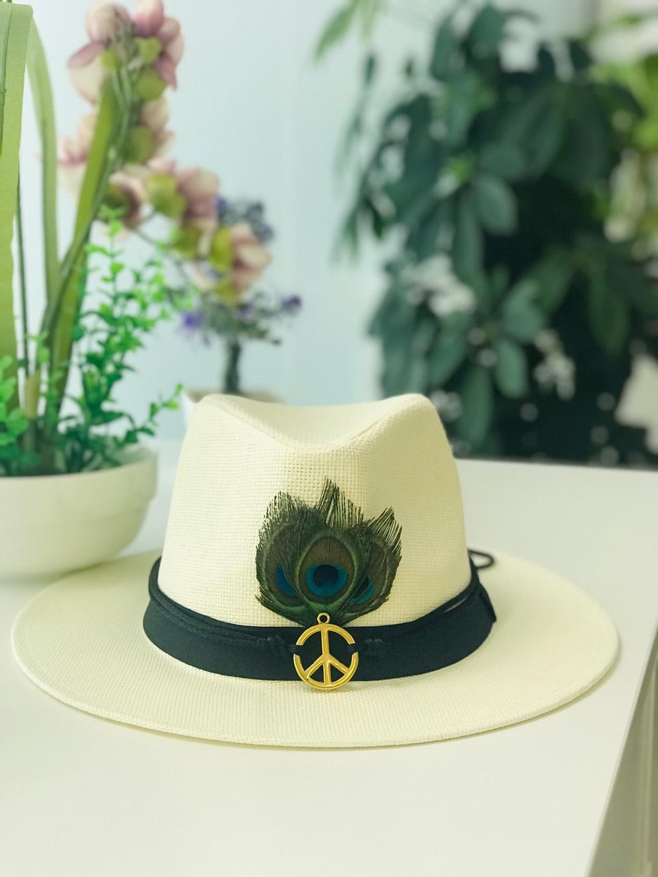 Boho hat with peacock feather and Peace&Love