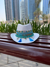 Load image into Gallery viewer, White cowboy hat with blue details
