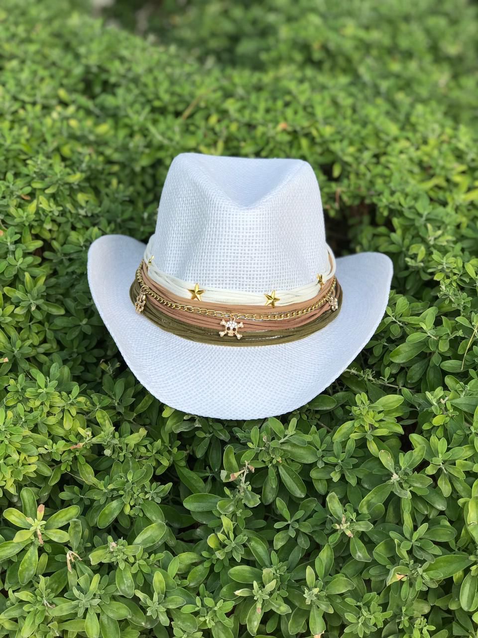 White cowboy hat with leather thread