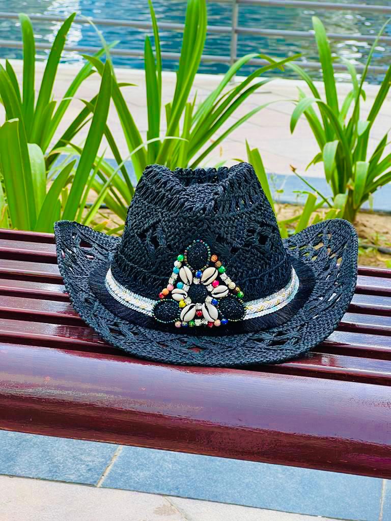 Black cowboy hat with seashells